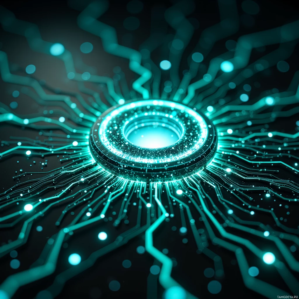 A glowing, futuristic circuit board with radiating lines and a central circular light.