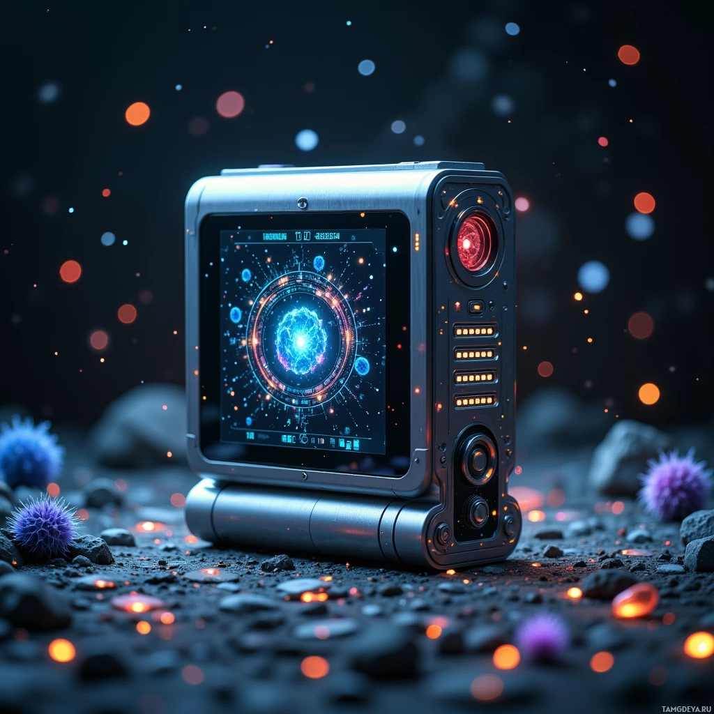 A futuristic device with a glowing display and illuminated buttons sits on a rocky surface with colorful lights in the background.