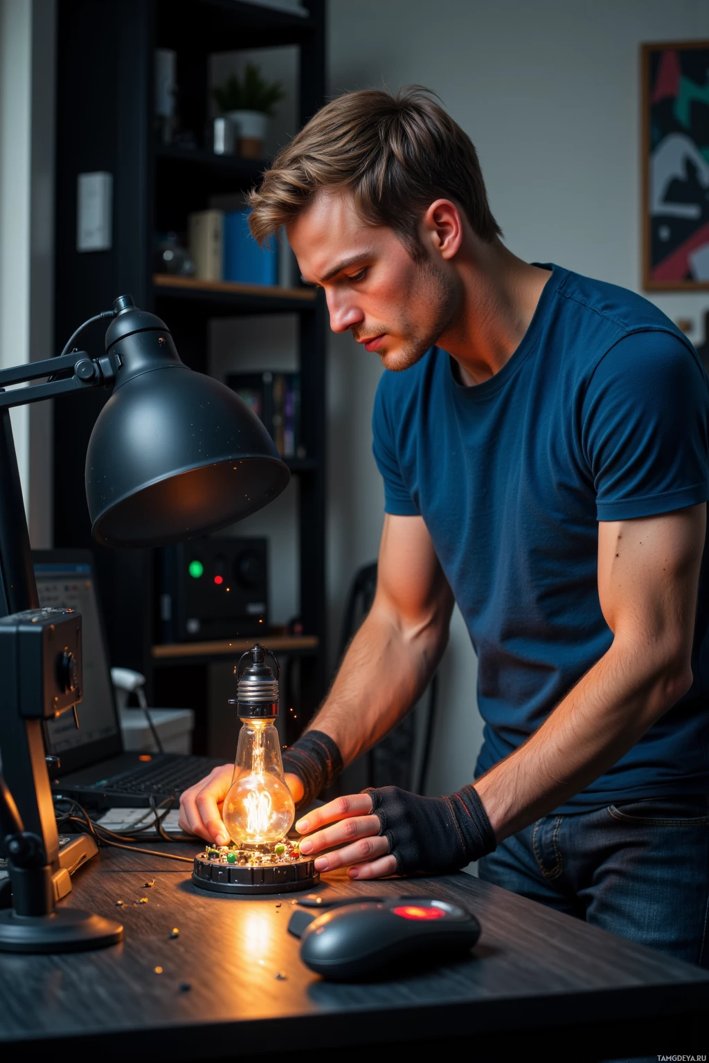 A man is working on a small electronic device with a lit bulb, using a desk lamp for illumination.