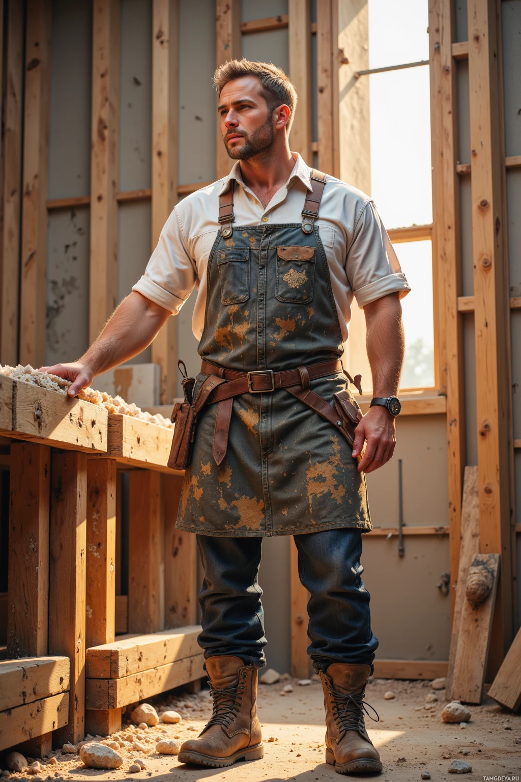 A man in a work apron and boots stands in a construction setting.
