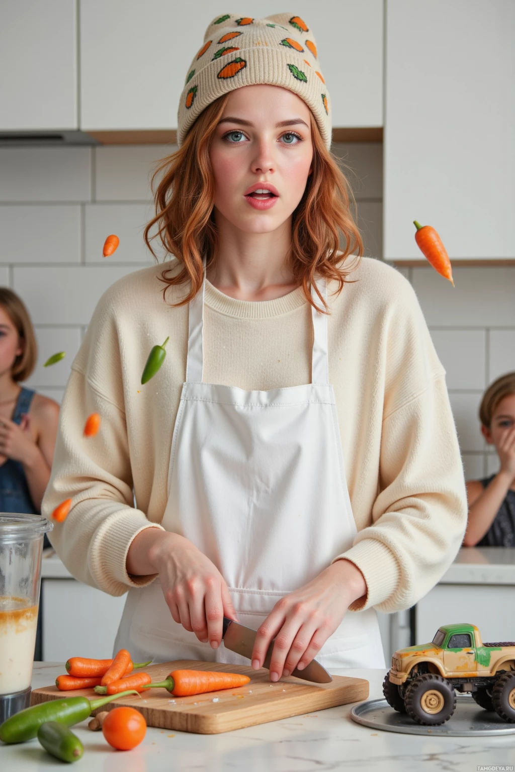 Realistic high quality photo. A 23‑year‑old female food blogger with curly red hair and bright blue eyes, wearing a cream‑colored oversized sweater, potato‑patterned beanie, and a casual kitchen apron, energetically chopping carrots in a modern kitchen while a blender performs a juggling act, she accidentally throws jalapeños into a sweet dessert, a cookie sheet splats into the oven forming a monster truck cake, and two kids cheer wildly in the background.