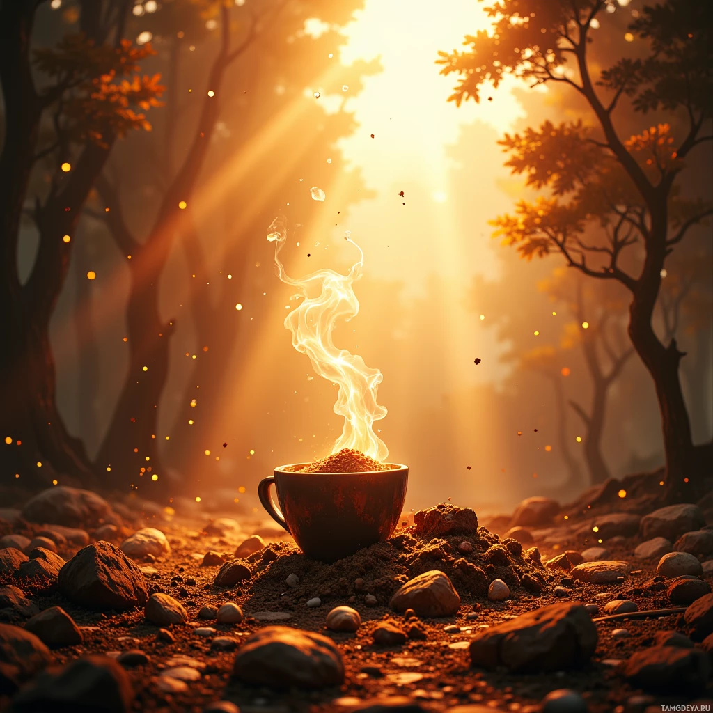 A steaming cup sits on rocky ground in a forest bathed in golden sunlight.