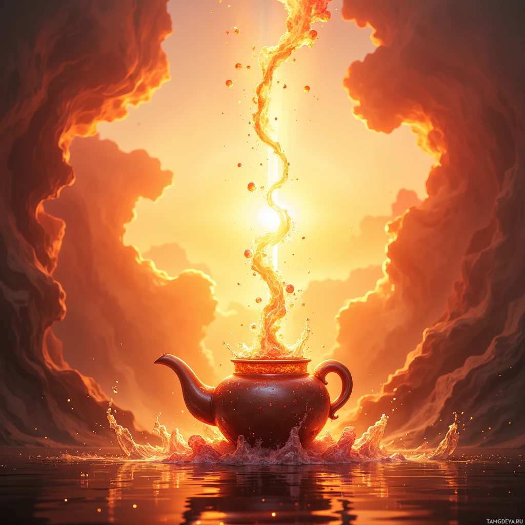 A teapot with a stream of liquid rising into the sky against a backdrop of fiery clouds and sunlight.