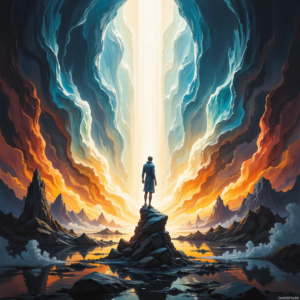 A lone figure stands on a rocky outcrop, gazing at a radiant light source between towering, ethereal cliffs.
