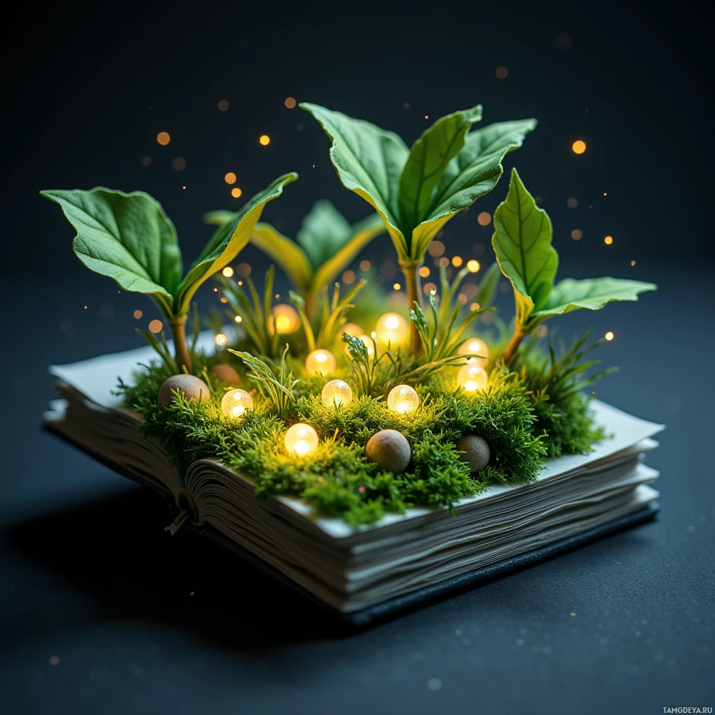 An open book adorned with moss, small plants, and glowing orbs against a dark background.