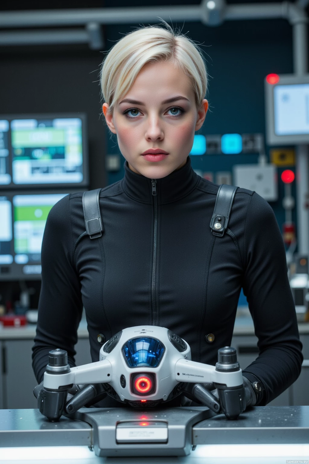 A person in a black outfit holds a small, futuristic drone with a blue and red light in a tech-laden environment.