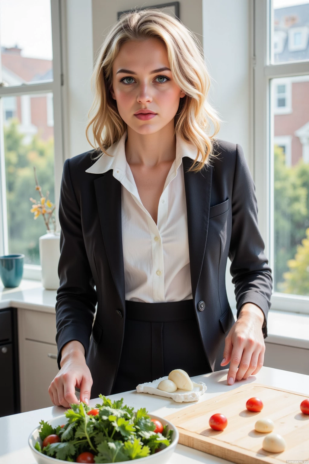 A woman in a professional outfit is preparing a salad in a kitchen.