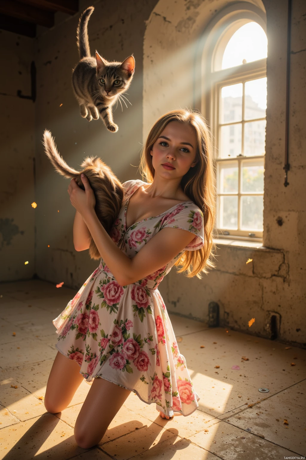 Realistic high quality photo. Woman, 27, long flowing brown hair and bright blue eyes, wearing a soft floral dress, chasing a floating feather in a sunlit attic with scattered dust motes; her gray tabby cat somersaults above her as golden light filters through high windows.