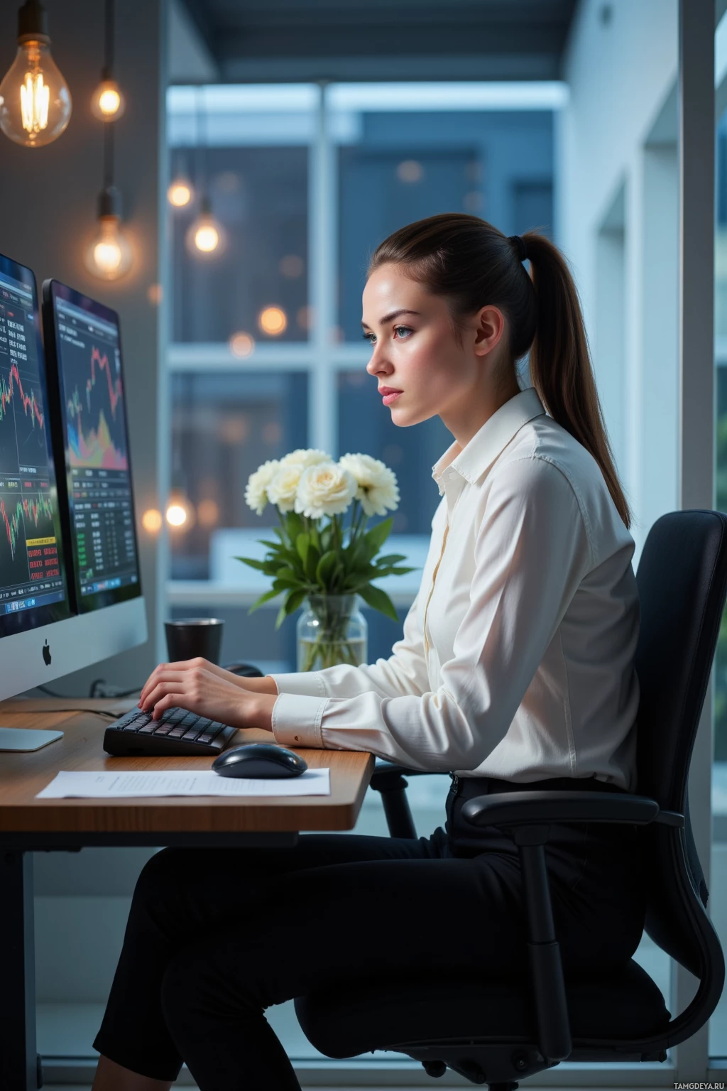 A person in a white shirt works at a desk with two computer monitors displaying graphs, surrounded by office decor.