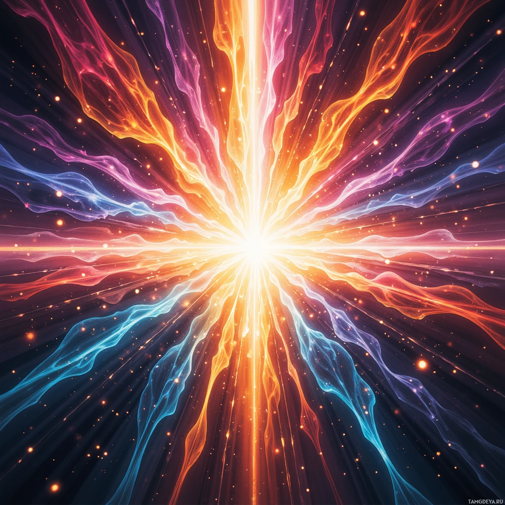 A vibrant cosmic explosion with swirling colors and radiant light.
