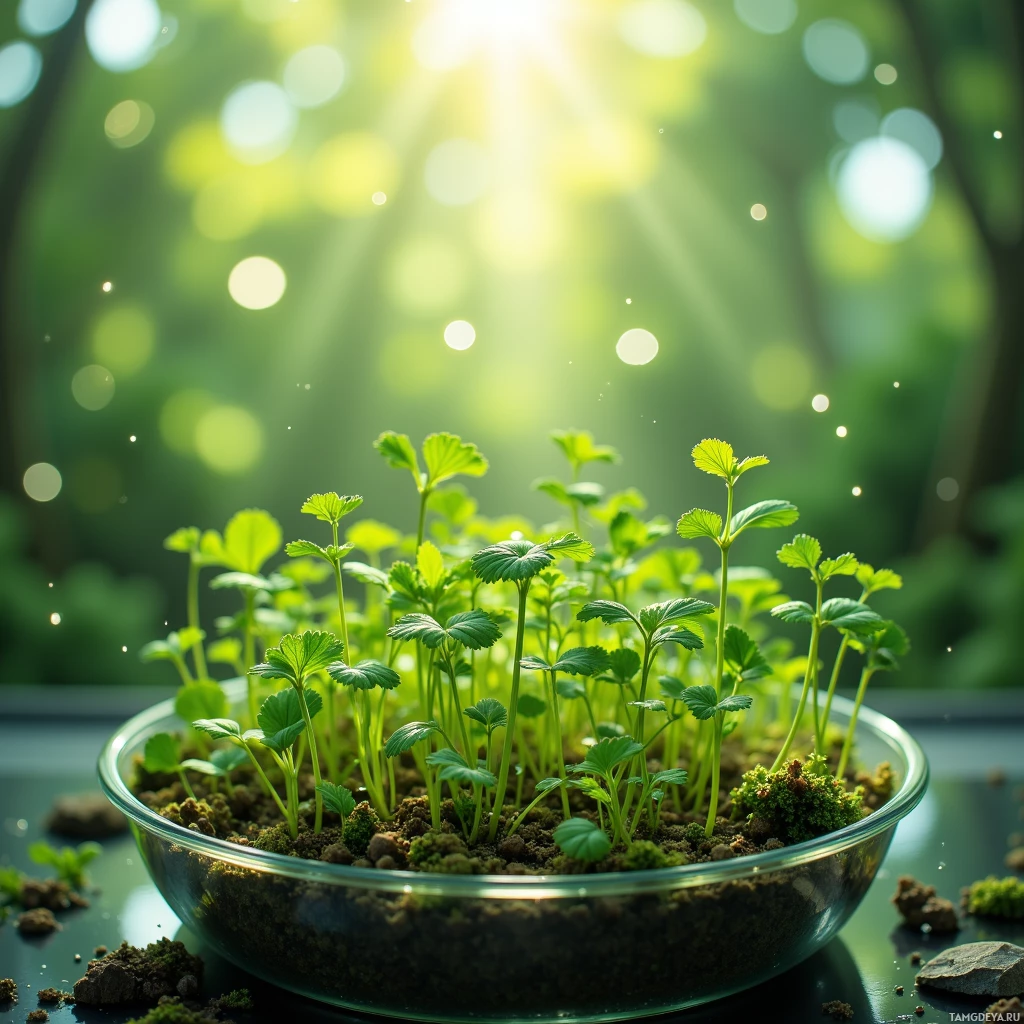 A glass bowl filled with soil and small green plants, set against a bright, sunlit background.