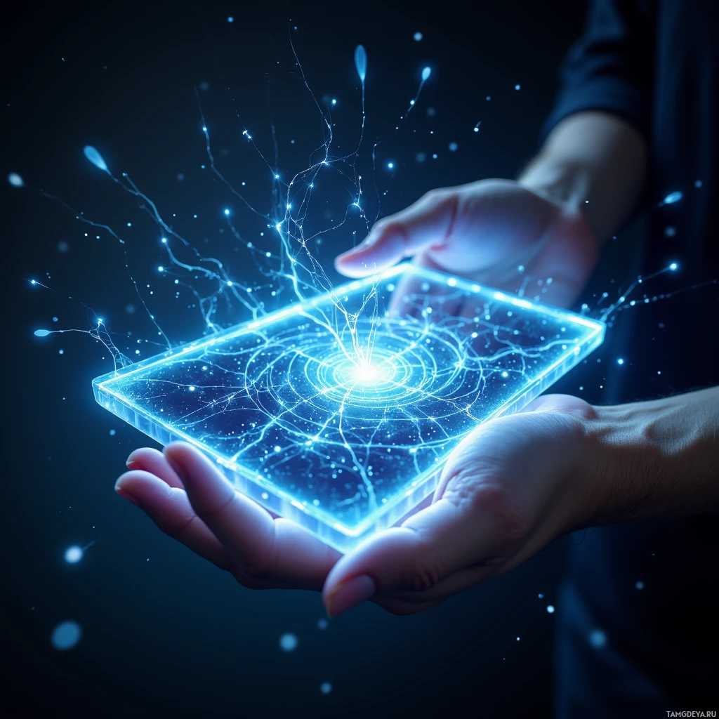 A hand holds a glowing, transparent cube emitting blue light and energy.