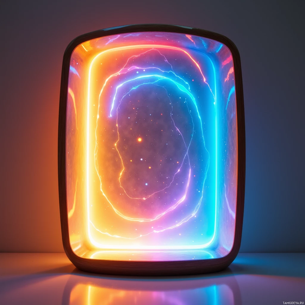 A glowing, rectangular light fixture with vibrant neon colors and a cosmic design.