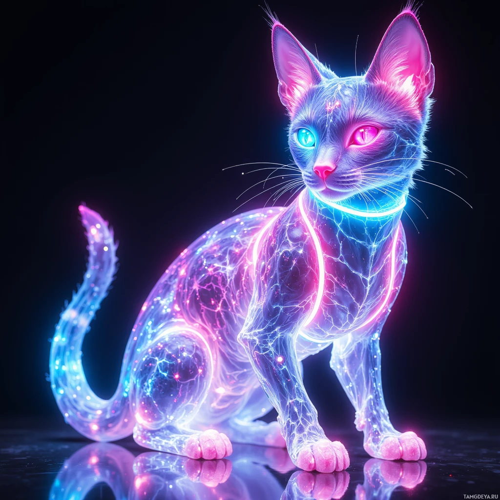 A glowing, neon-colored cat with intricate patterns and vibrant hues.