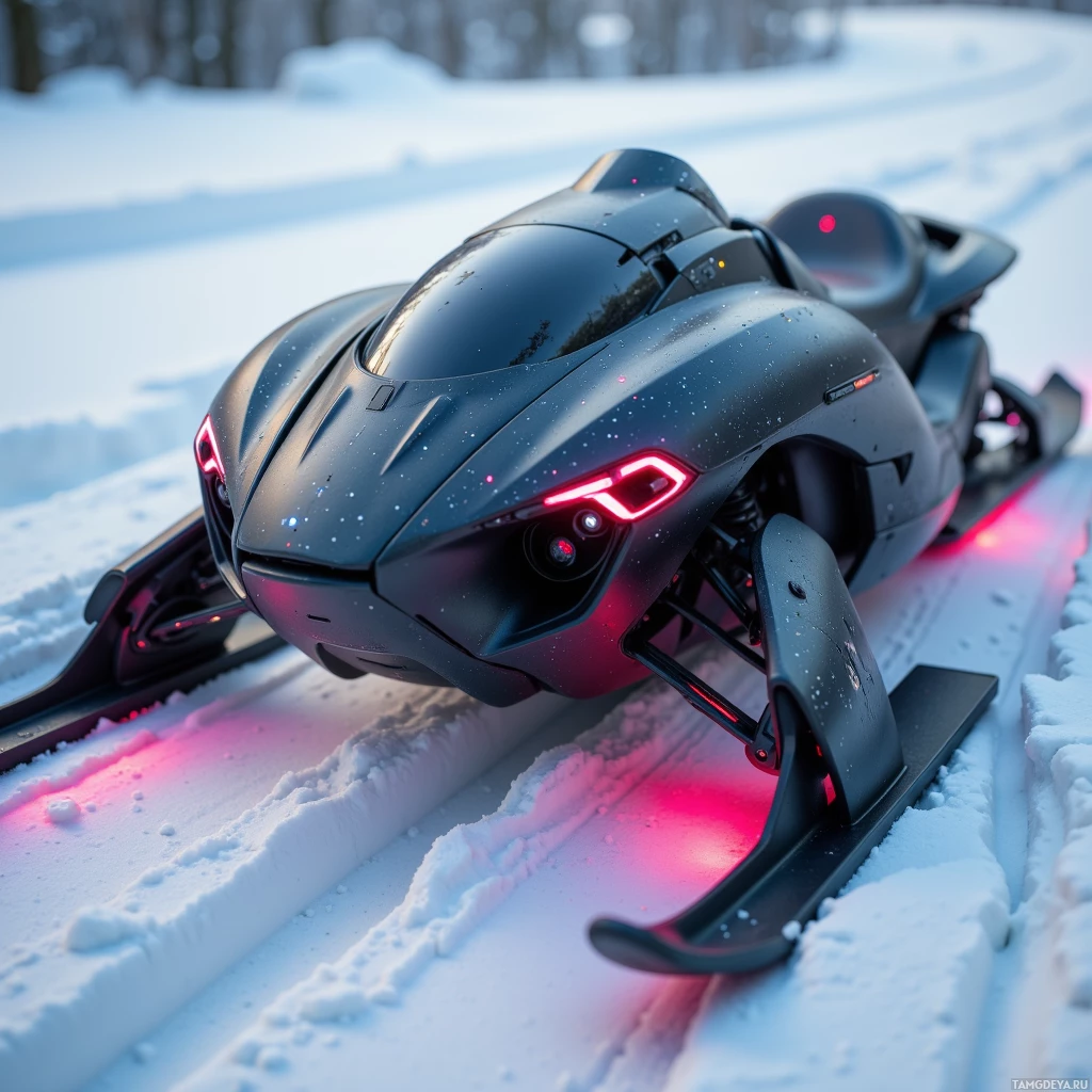 A futuristic vehicle with glowing red lights is parked on a snowy landscape.