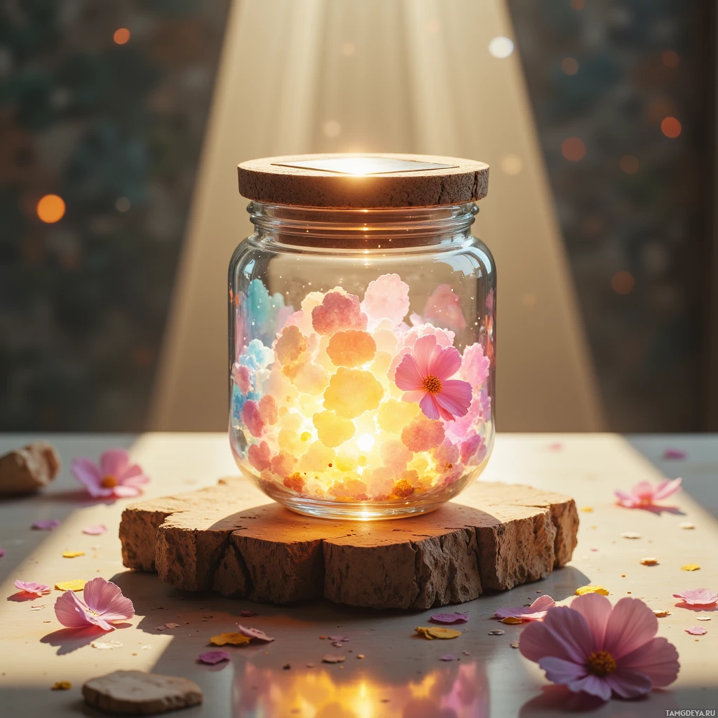 A glass jar with colorful flowers and petals inside is illuminated from within, placed on a wooden block.