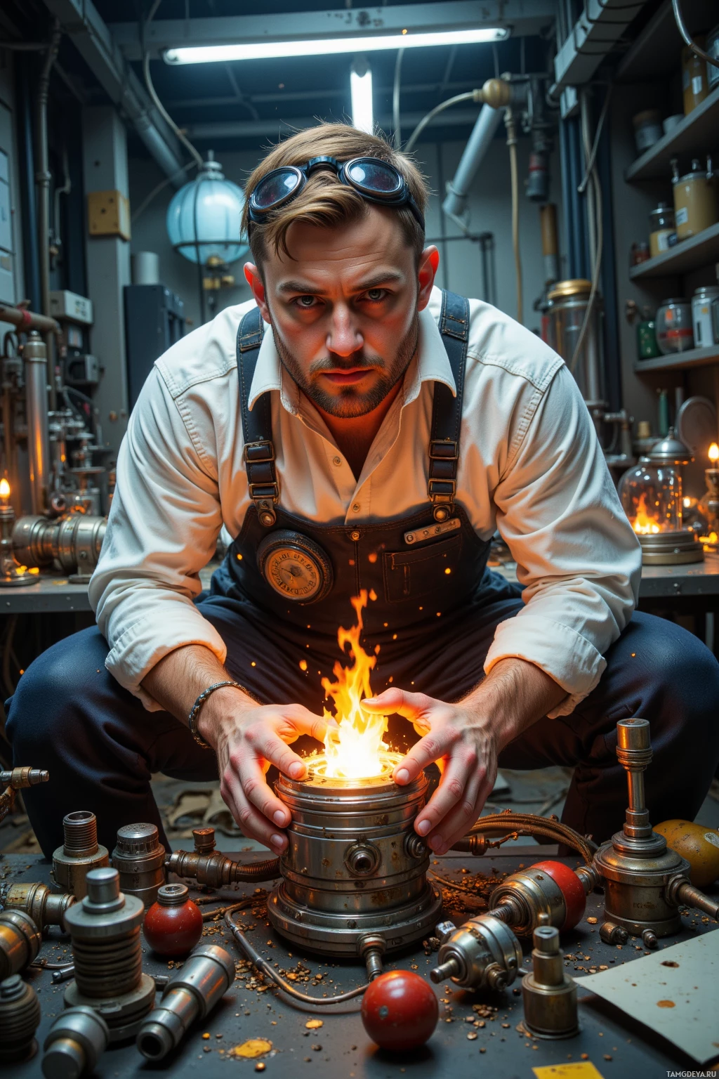 A person in a workshop setting, wearing goggles and overalls, is holding a glowing object.
