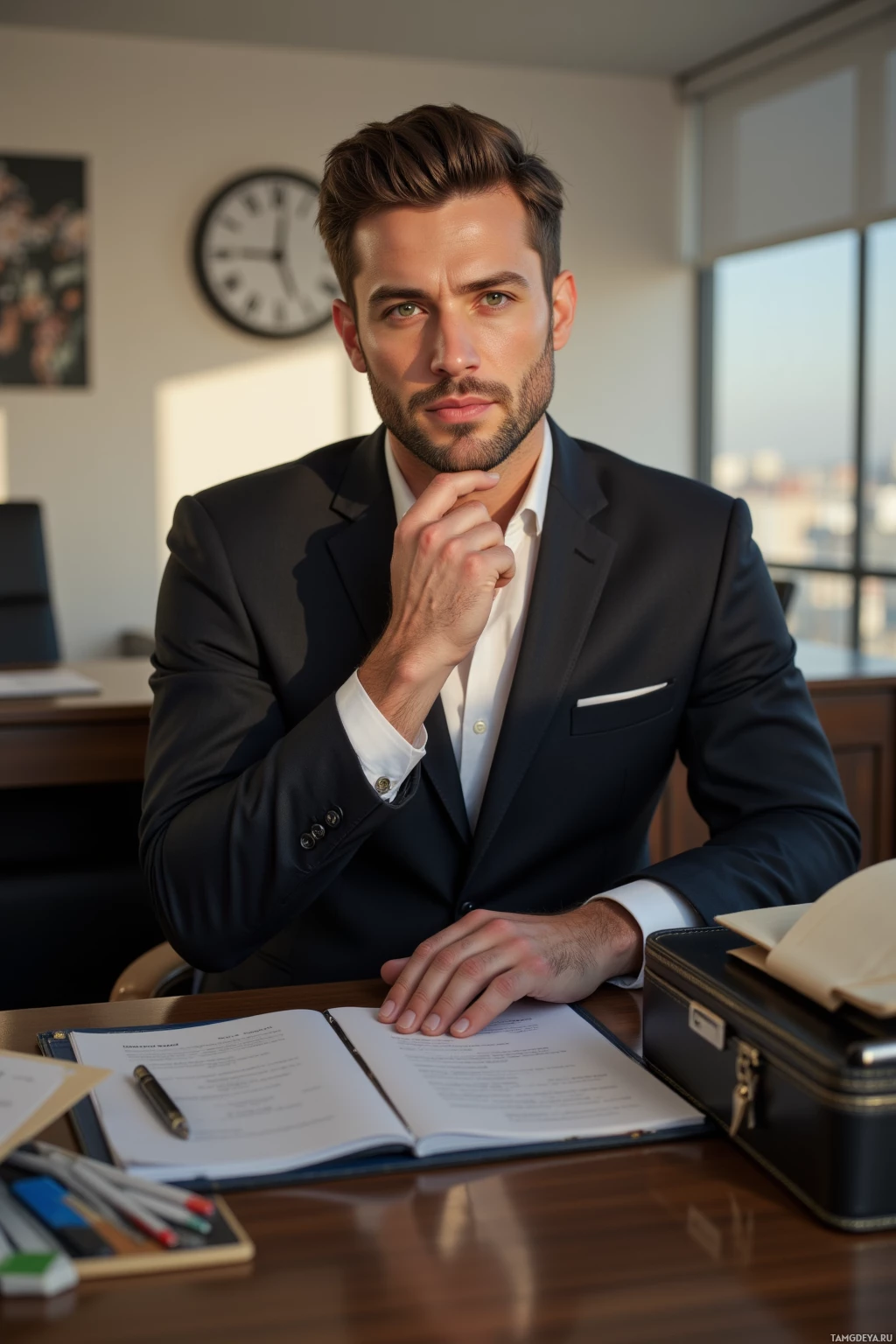 A man in a suit sits at an office desk with documents and a briefcase nearby.