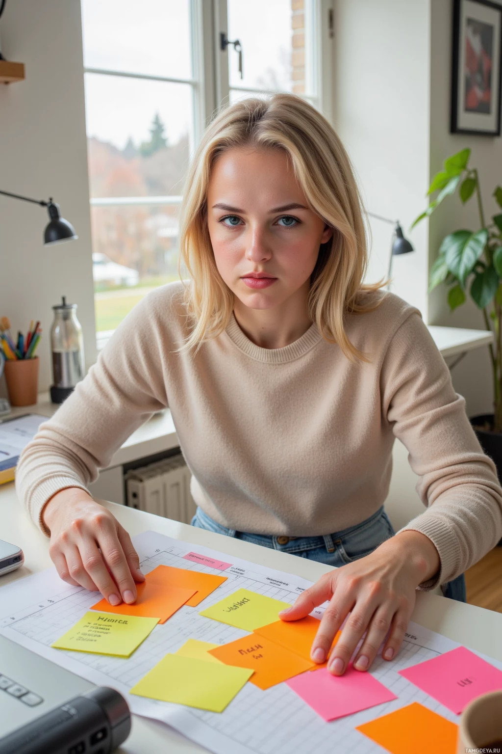 A person is organizing colorful sticky notes on a desk in an office setting.