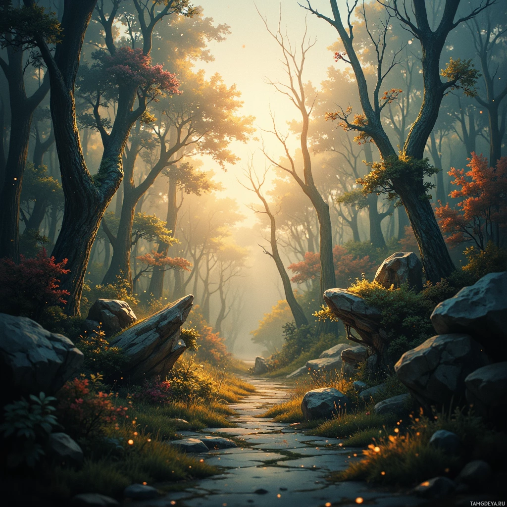A serene forest scene with a path winding through rocks and trees bathed in golden light.