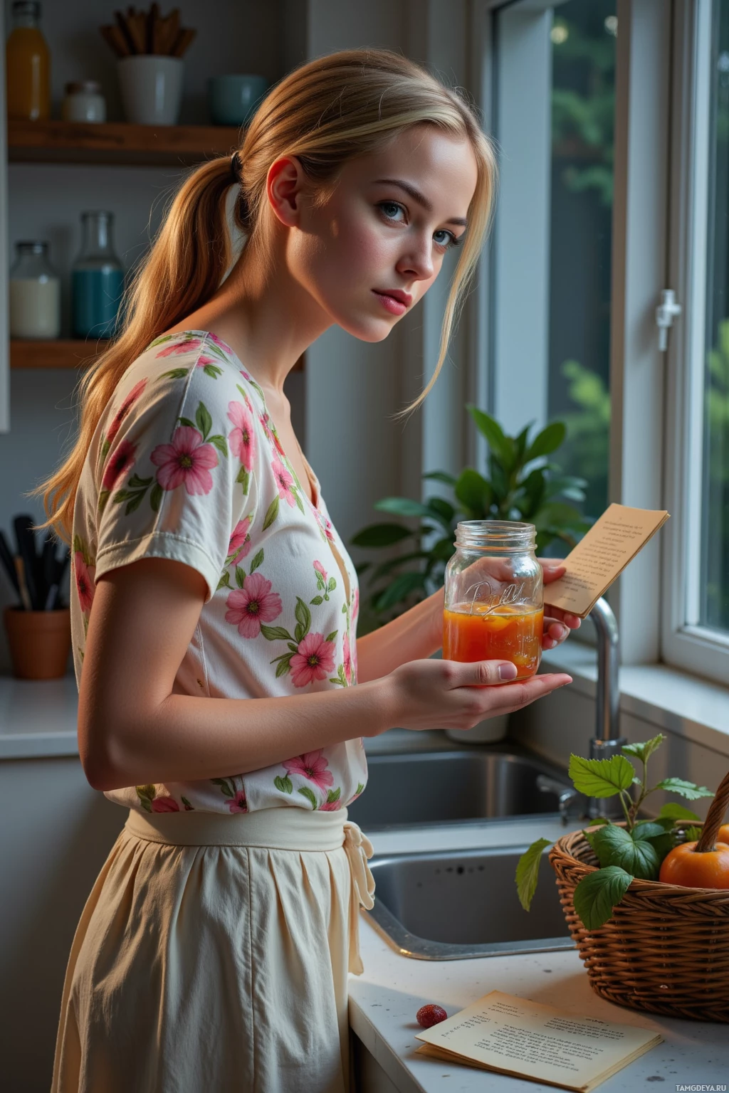 A person in a floral shirt holds a jar of orange liquid in a kitchen setting.