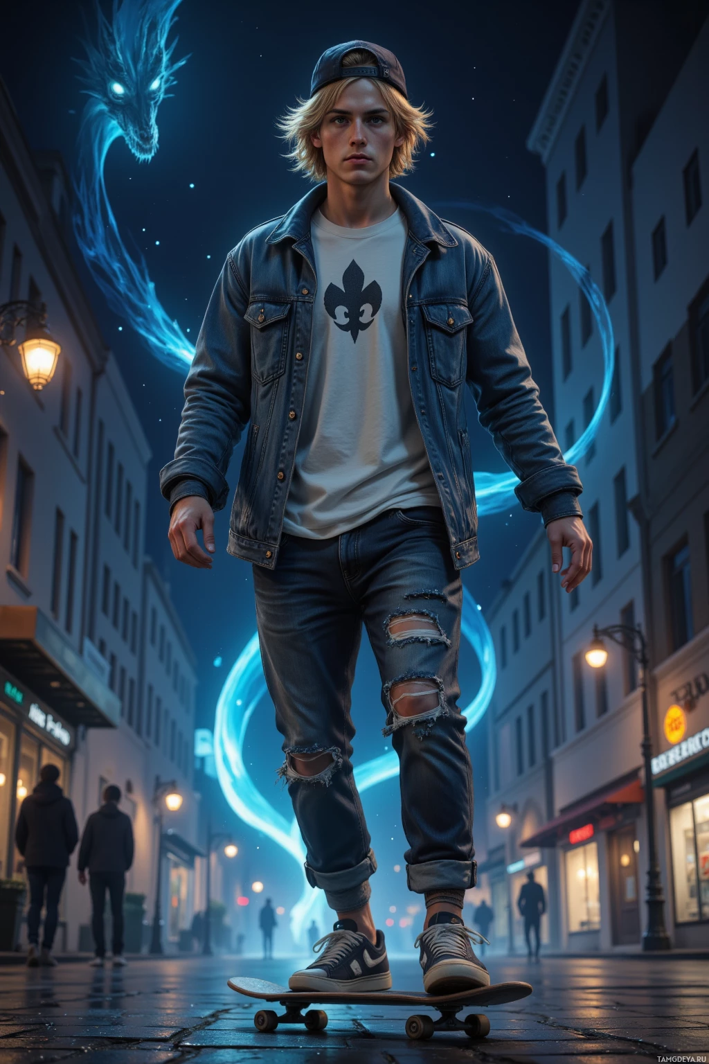 A person skateboarding on a city street at night with glowing blue dragon imagery in the background.