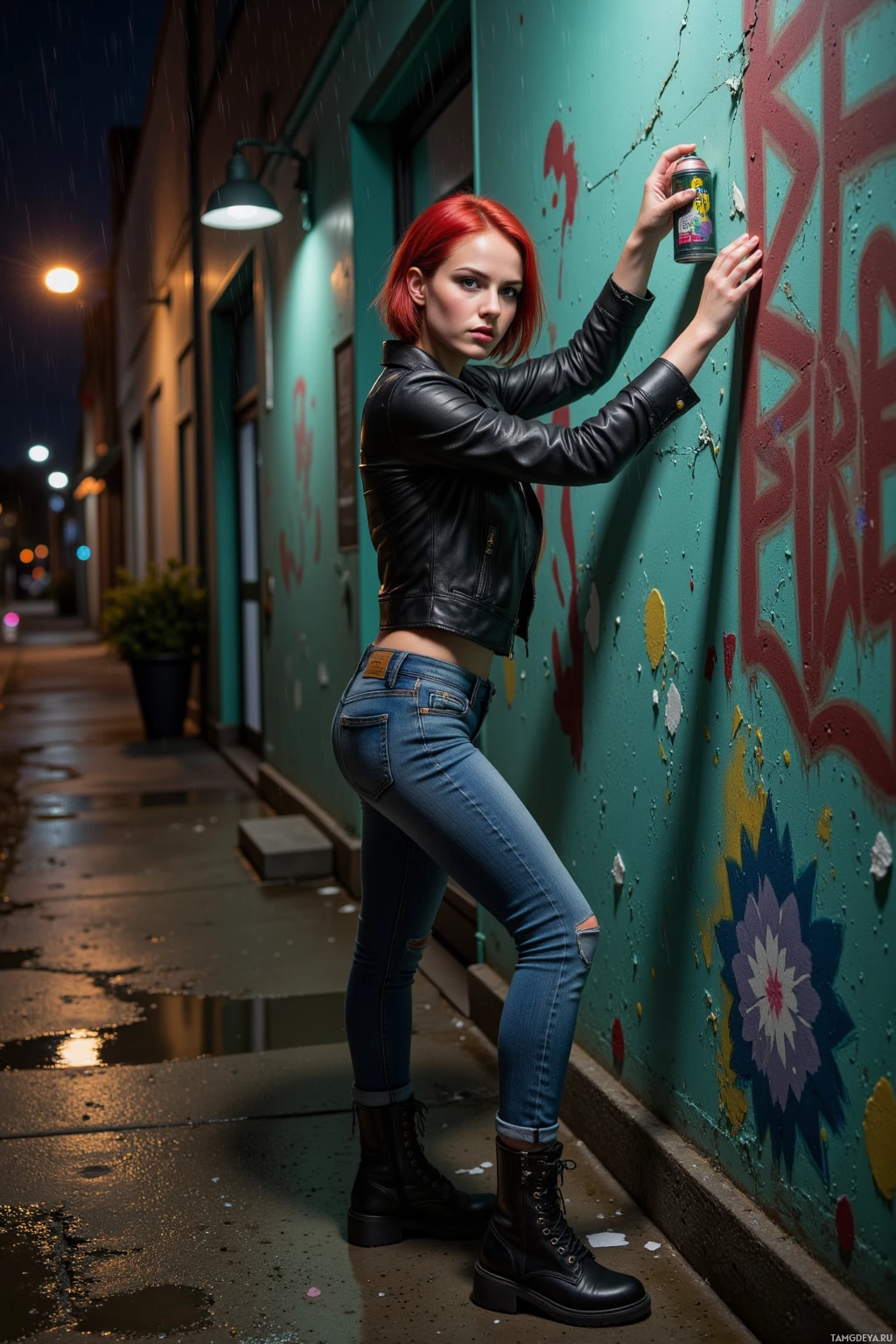 A woman stands on a wet sidewalk at night, holding a spray can against a wall with graffiti.