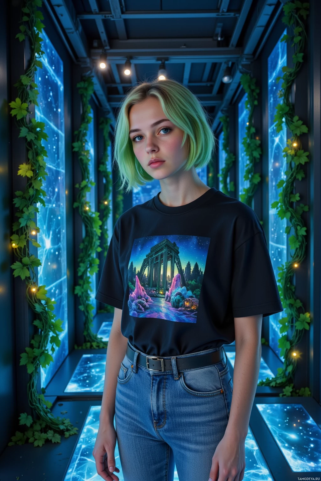 A person stands in a futuristic setting, wearing a black T-shirt with a colorful graphic and blue jeans.