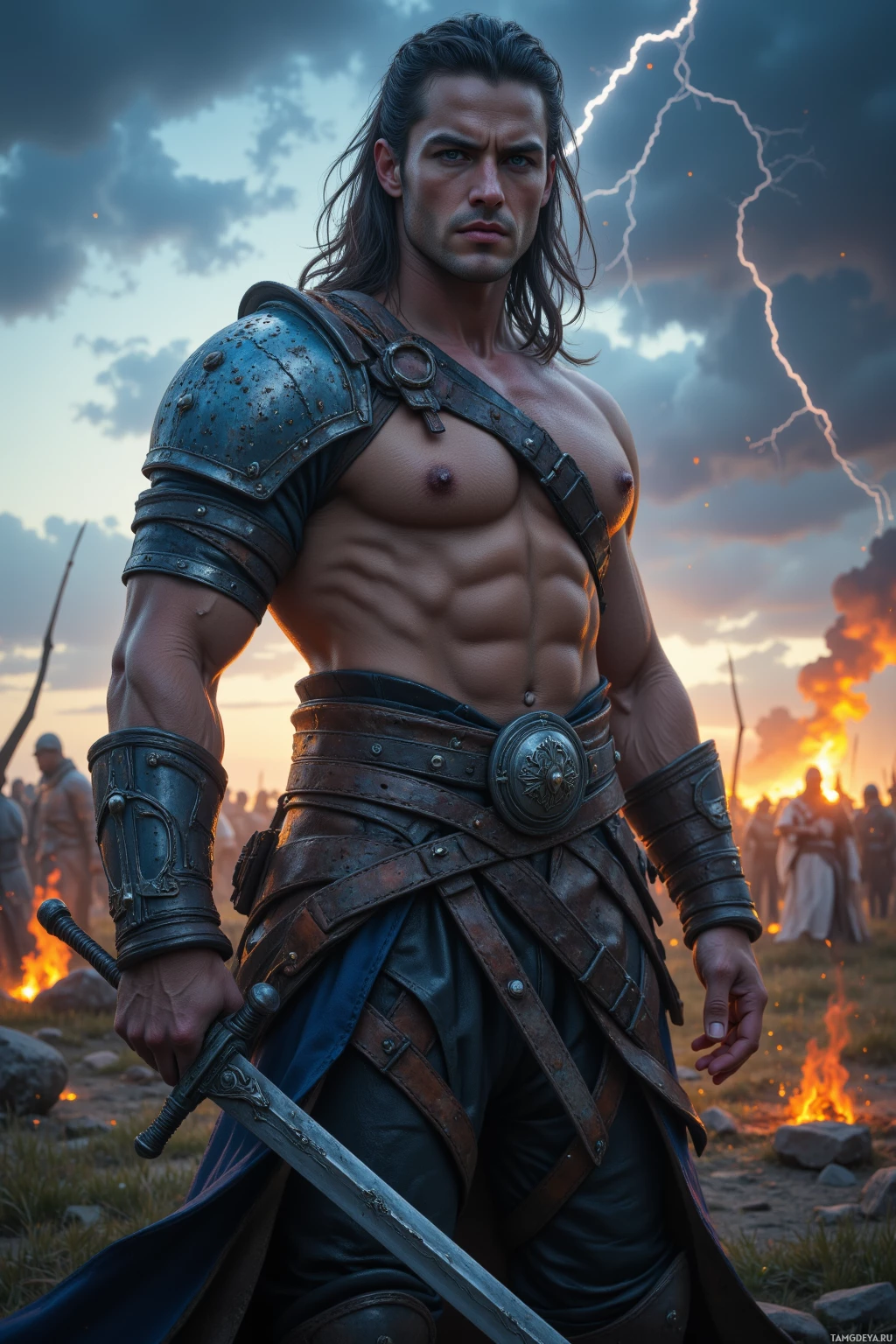 A muscular warrior in armor holds a sword, standing against a backdrop of a stormy sky and a battlefield.