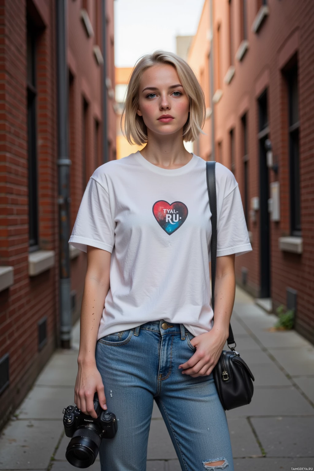 A person stands in an alleyway wearing a white T-shirt with a heart design and blue jeans, holding a camera and a small bag.