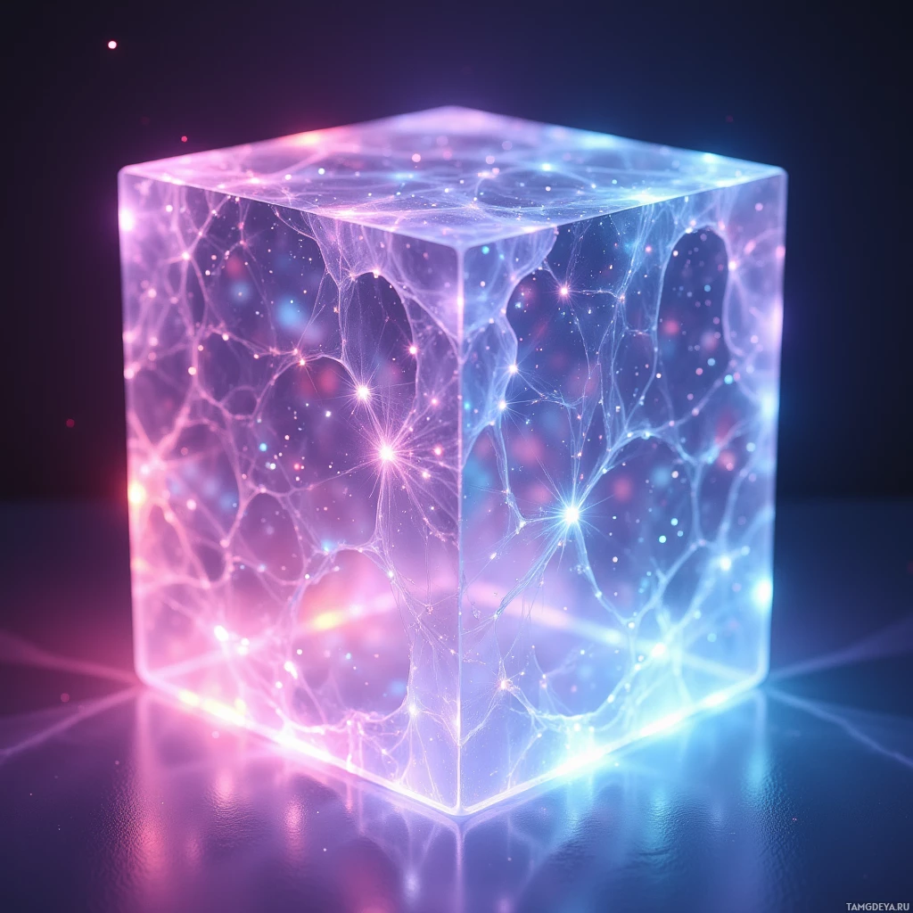 A glowing, translucent cube with intricate, web-like patterns and bright, star-like points.