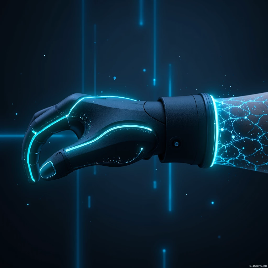 A futuristic robotic hand with glowing blue lines against a dark background.