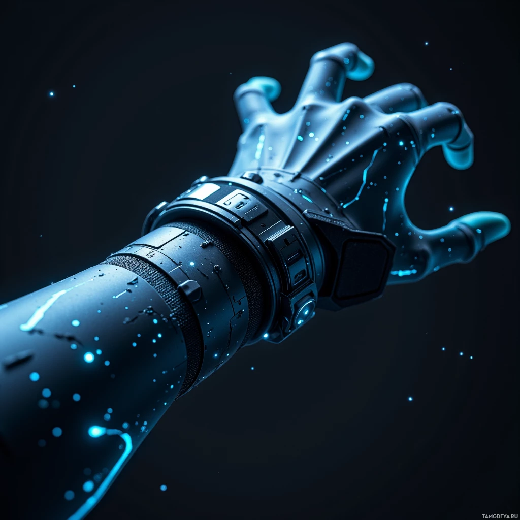 A close-up of a futuristic, cybernetic arm with glowing blue lights and intricate mechanical details.