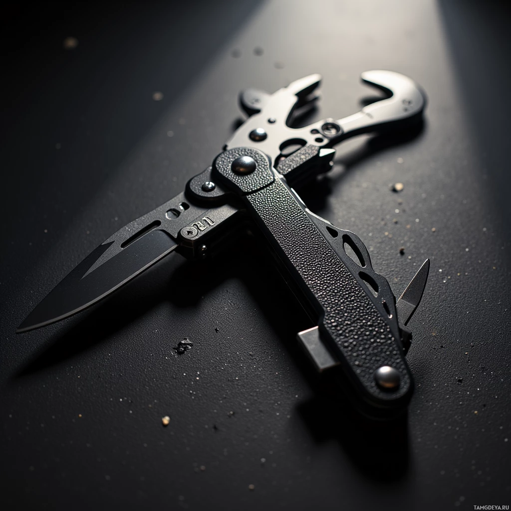 A multi-tool with a knife and other tools is displayed on a dark surface.