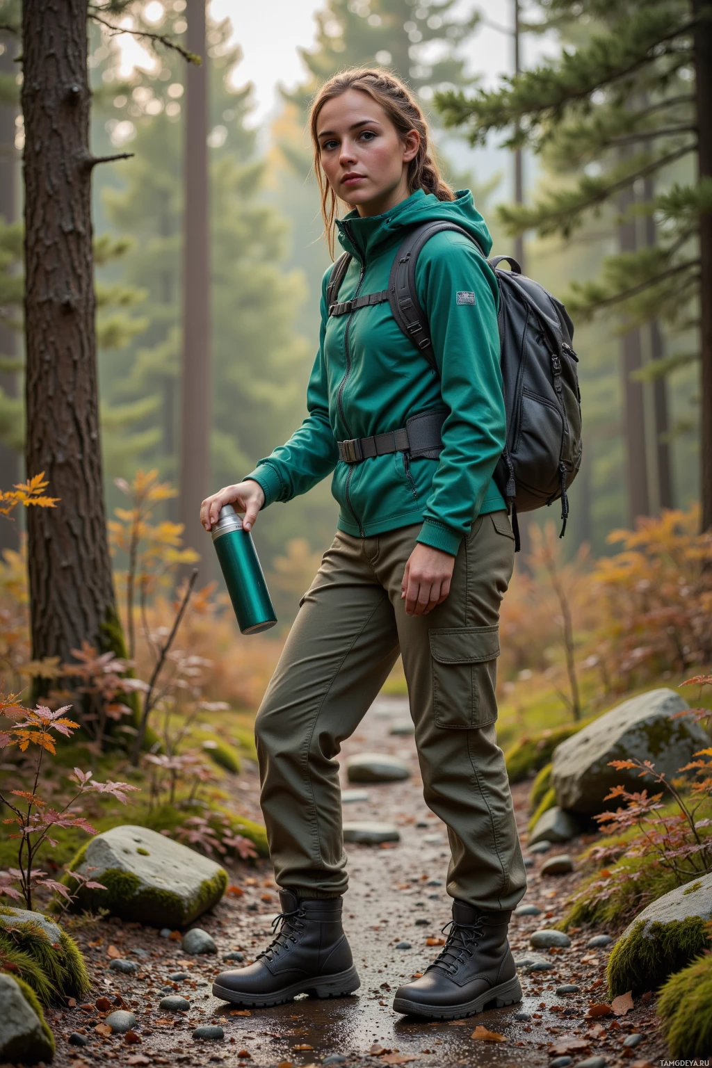 A woman in hiking attire stands on a forest trail, holding a water bottle and wearing a backpack.