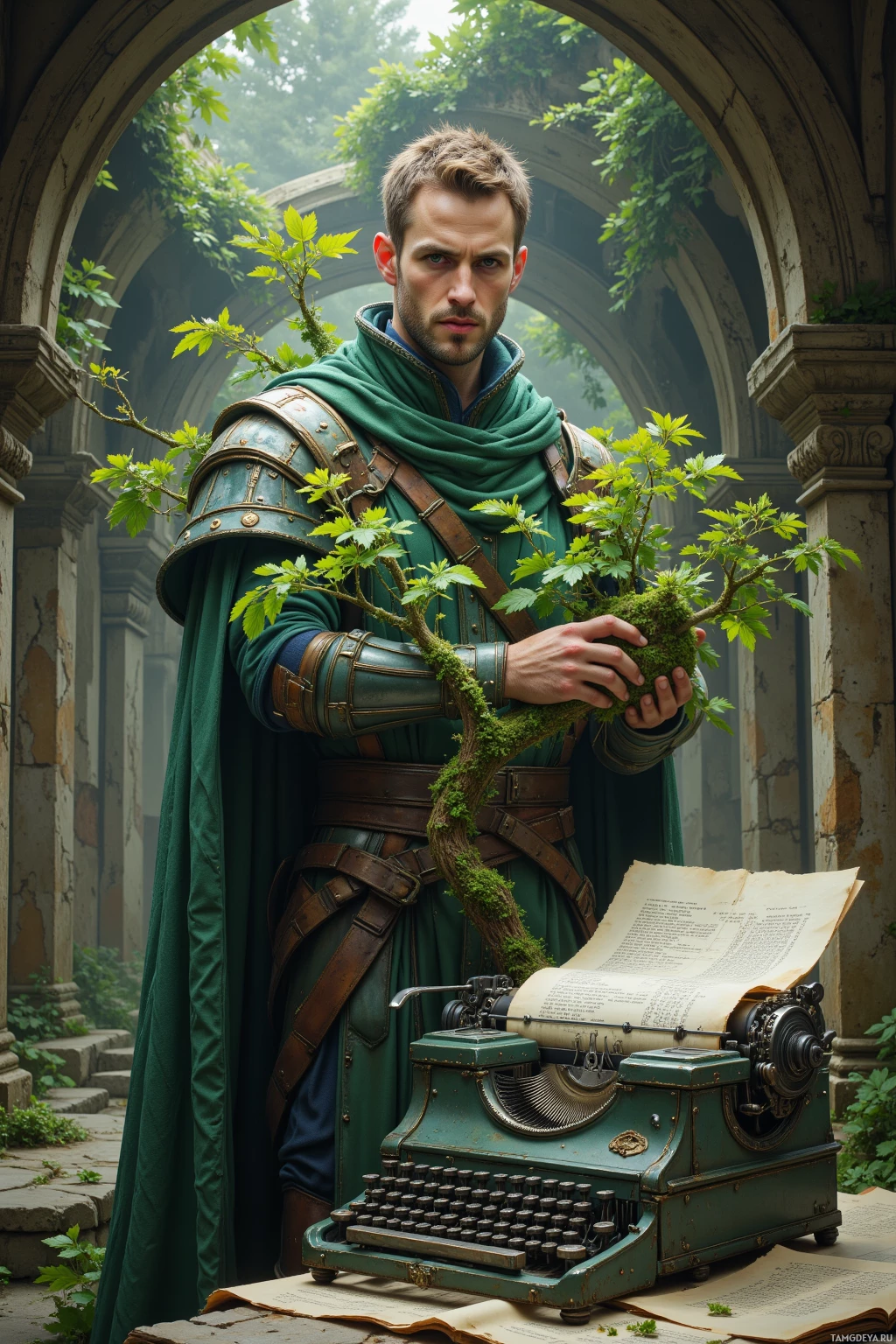 A person in medieval attire holds a plant while standing beside an old typewriter and open book.