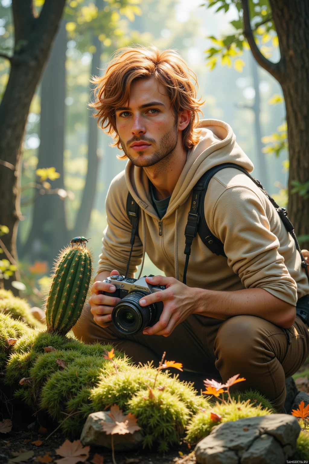 A person crouches in a forest, holding a camera, with a cactus and a beetle nearby.