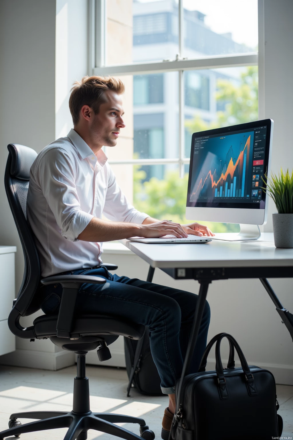 A person is seated at a desk working on a computer with financial data displayed on the screen.