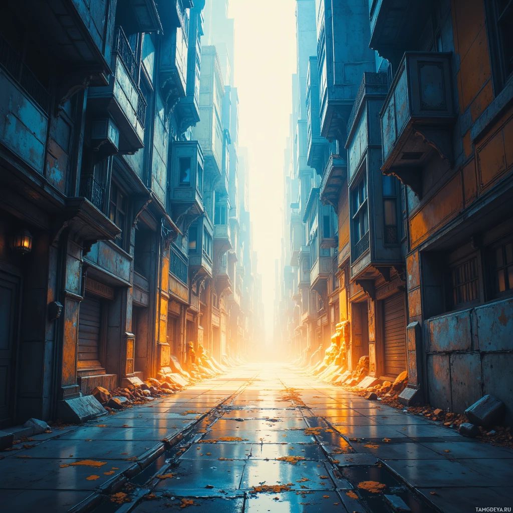A sunlit alleyway lined with old, weathered buildings.