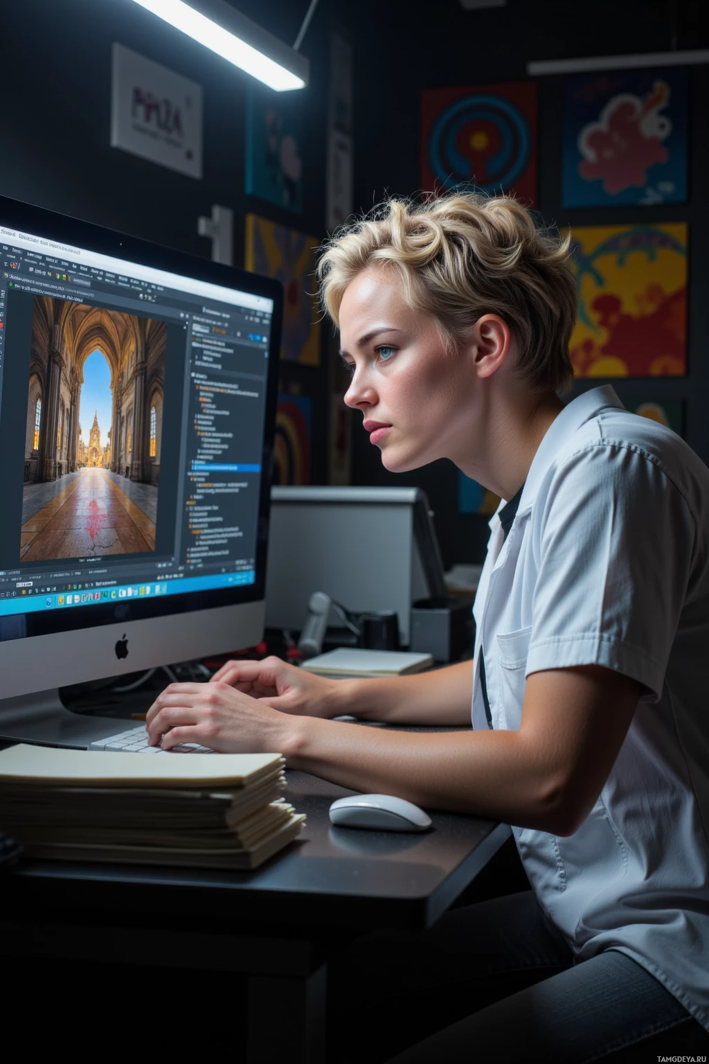 A person is working at a desk with a computer, surrounded by colorful artwork on the wall.