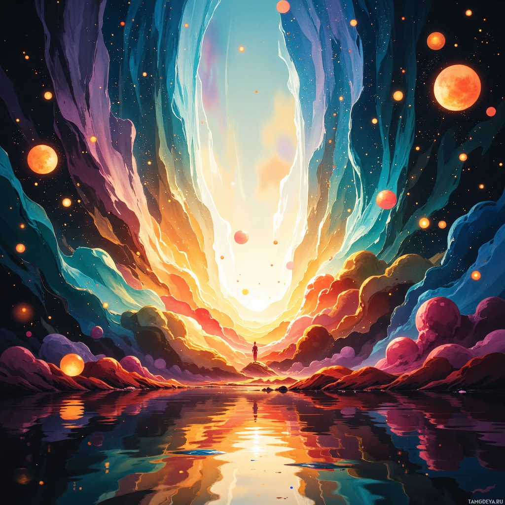 A vibrant cosmic scene with colorful clouds and planets reflected in calm water.