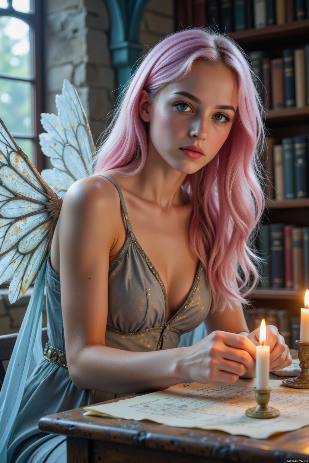 A woman with pink hair and butterfly wings sits at a table with a lit candle, surrounded by books.