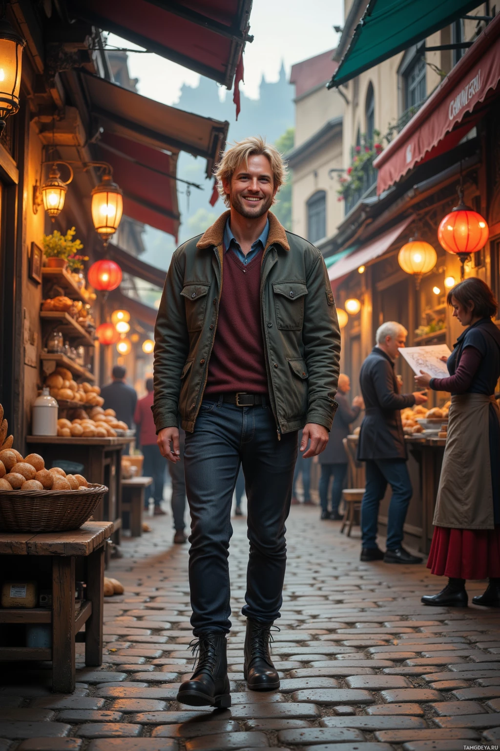 A man in a green jacket and jeans walks through an outdoor market with shops on either side.