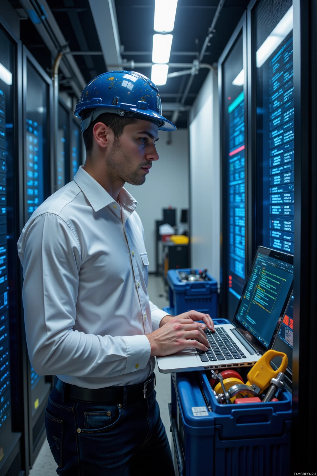 A man in a white shirt and blue hard hat works on a laptop in a server room.