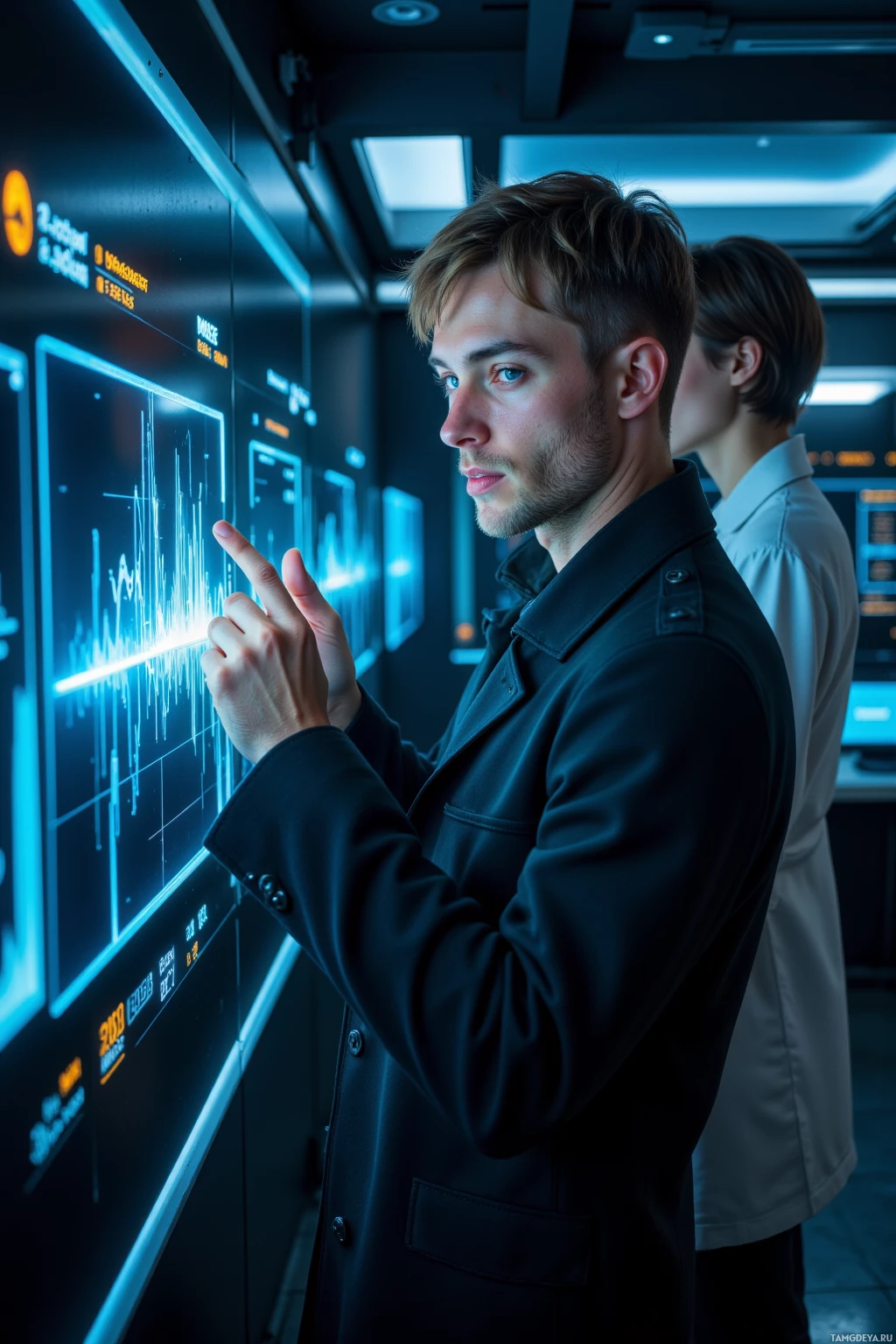 A person in a dark coat is interacting with a large, illuminated display panel in a futuristic setting.
