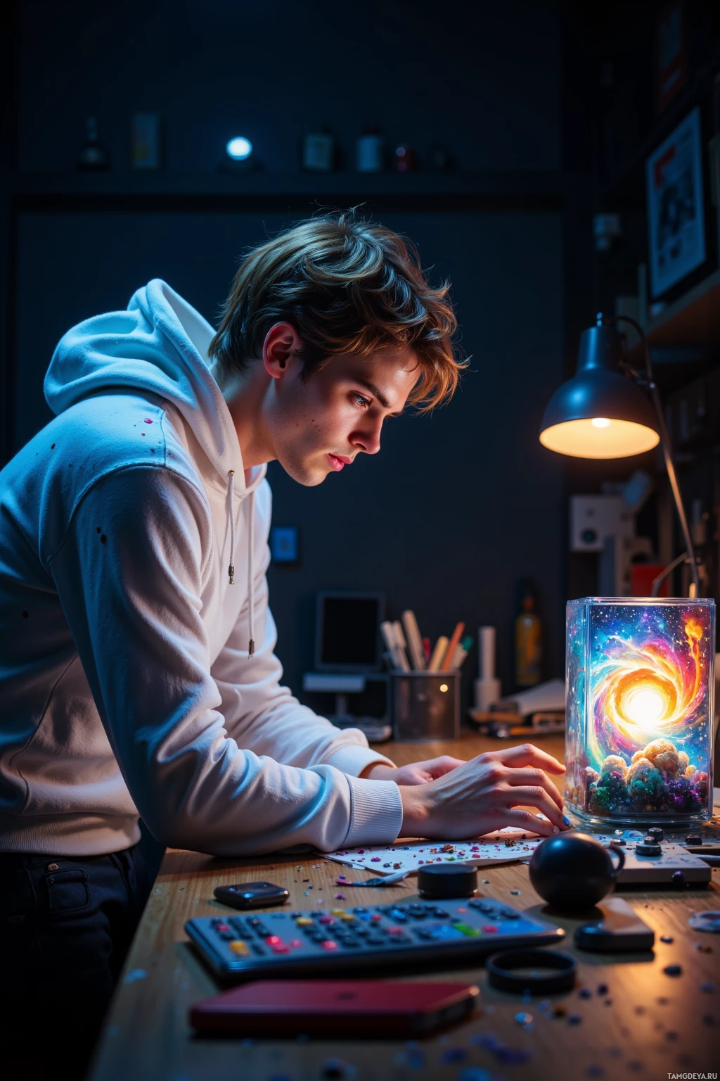 A young person is sitting at a desk, focused on a computer, with a glowing, colorful object on the desk.