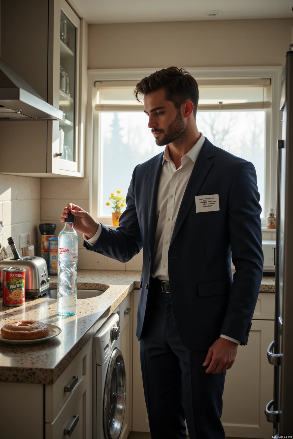 A man in a suit stands in a kitchen holding a bottle of water near an open window.