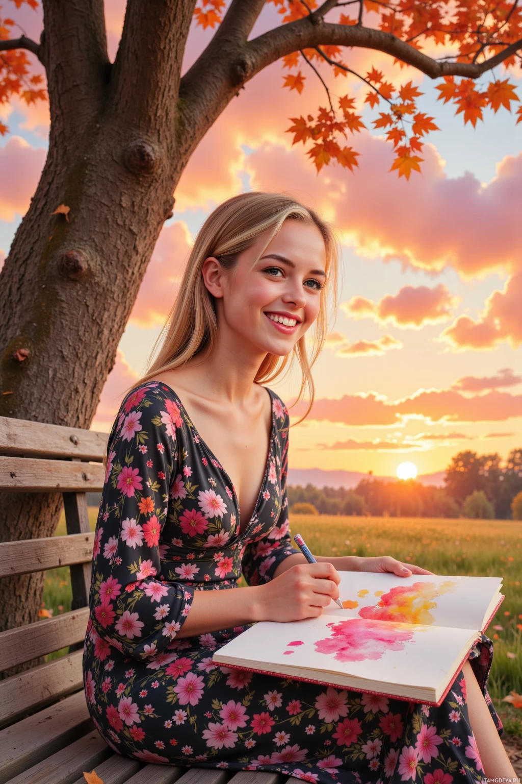 A person in a floral dress sits on a bench under autumn leaves, painting at sunset.