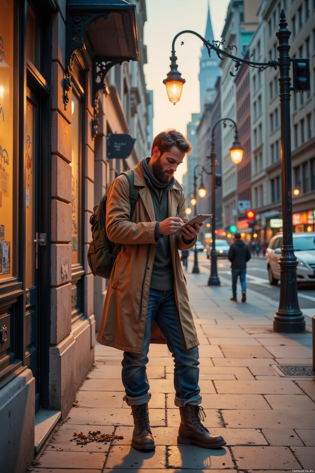 A man stands on a city sidewalk, looking at a tablet.
