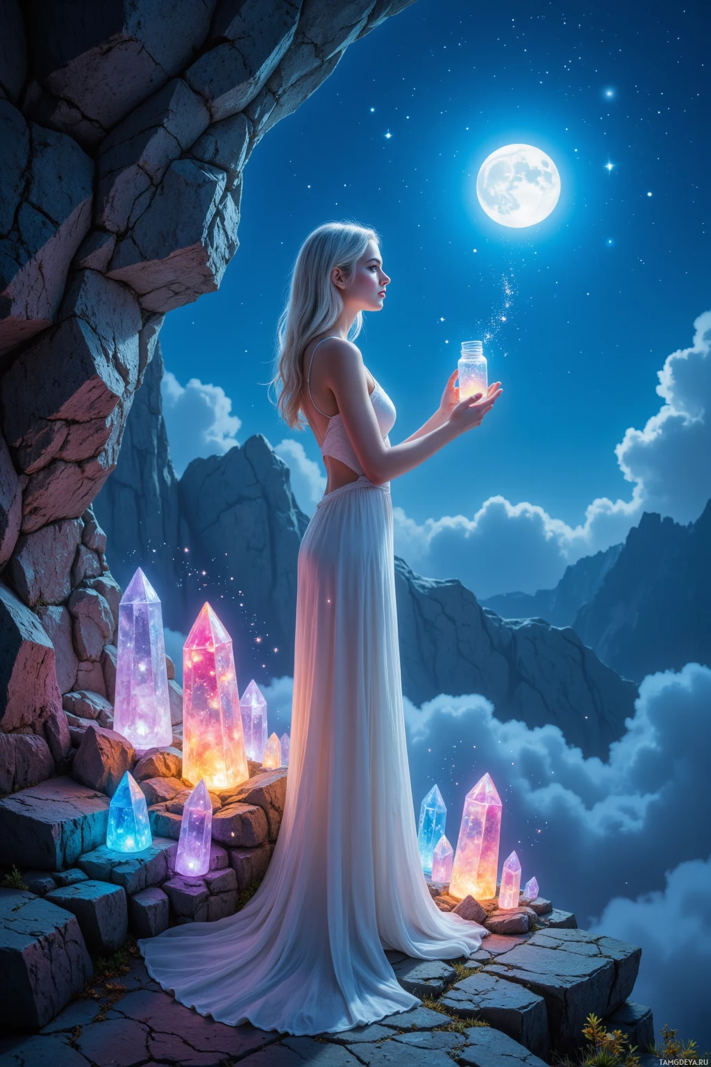 A woman in a flowing white dress stands on a rocky ledge, holding a glowing crystal, with a night sky, full moon, and glowing crystals in the background.